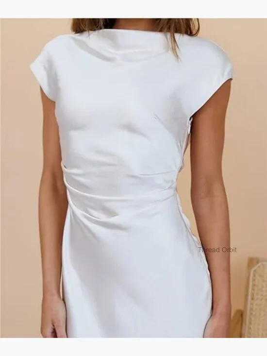 Satin Midi Dress with Cap Sleeves Ruched Waist Cowl Back Formal - Picture 2 of 7